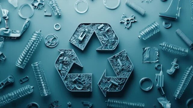 Recycling plastic components.  Various plastic parts surround a recycling symbol