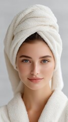 Obraz premium Close-up portrait of a young woman with fair skin and blue eyes wrapped in a soft fluffy white towel turban, smiling gently, isolated on a light gray background white background