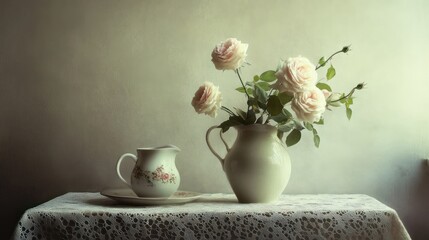 Serene Still Life: Pale Roses in Vintage Pitcher