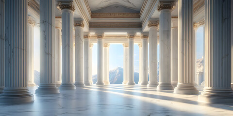 Fototapeta premium ancient Greek architecture with pillars and a classical marble interior for showcasing a product.