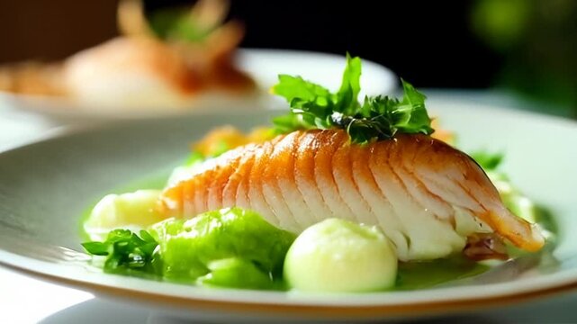 Exquisite Fish Fillet on White Plate with Green Herbs and Vegetables Featuring Culinary Excellence Perfect for Food Blogs and Restaurant Promotions