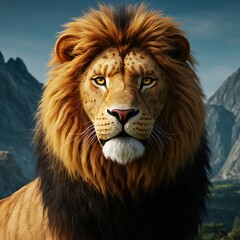 Fototapeta premium Majestic Lion Portrait, Mountain Background