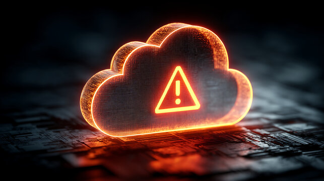 Glowing cloud symbol with warning sign represents cloud computing security concerns, emphasizing importance of vigilance in digital environments. This evokes sense of urgency and caution