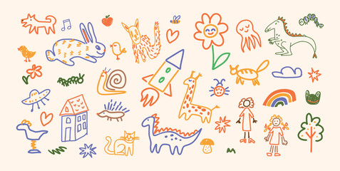 Set of hand-drawn playful doodles in colorful childlike style. Rabbit, dinosaur, rocket and children. Animals, flowers and fun decorative elements. Vector illustration for banner, social media