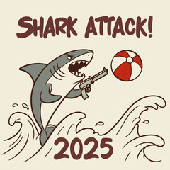 Funny Shark Attack Cartoon with Gun and Lighthouse – 2025 Comic Style Art