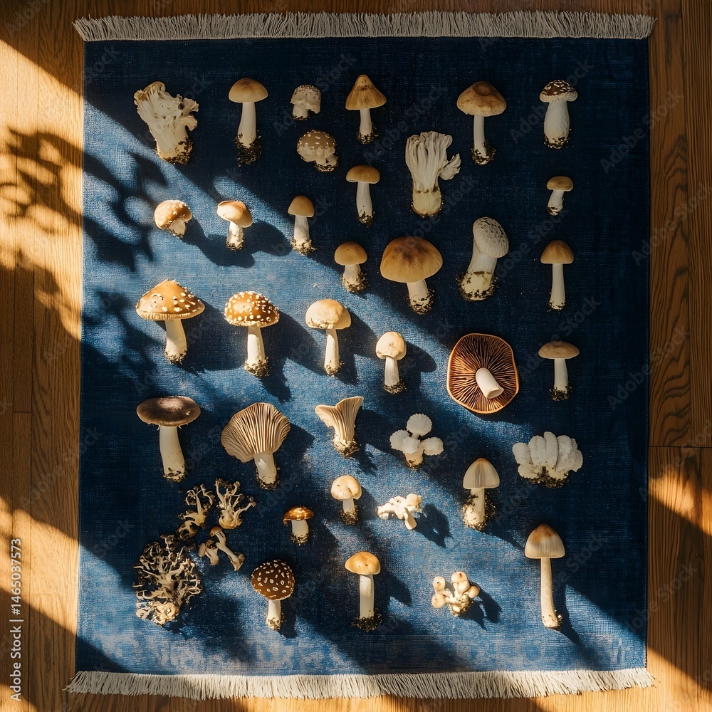 Poster a diverse collection of different mushroom specimens arranged and displayed in a rustic natural sett