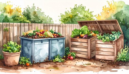 Food waste reduction composting responsibility sustainability concept Garden compost bins with organic waste and greenery in a backyard setting.