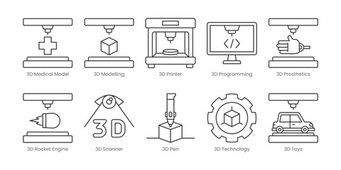 3D Printing  Outline Icons Set – 3D Medical Model, 3D Modelling, 3D Printer, 3D Programming, 3D Prosthetics, 3D Pen, 3D Rocket Engine, 3D Scanner, 3D Technology, 3D Toys, Editable Stroke.
