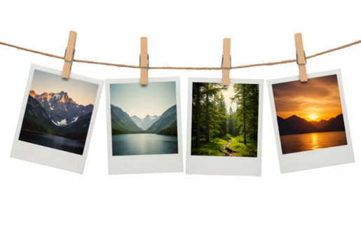 Four Polaroid-style photos clipped to a twine string with wooden clothespins, showing scenic landscapes of mountains, forests, and vibrant sunset skies, isolated on white or transparent background PNG