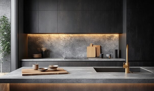 Modern minimalist kitchen interior with dark wood cabinets, grey marble countertops, and brass faucet under soft lighting on a grey background. 3D Rendering,