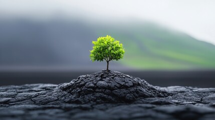 A tree growing on a volcanic rock, flourishing despite the surrounding harsh environment.