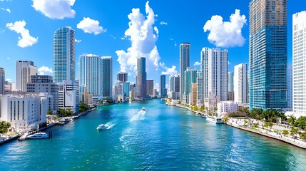 Naklejka premium Cityscape Along River with Skyscrapers Under Blue Sky and Clouds