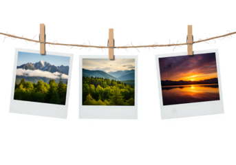Four Polaroid-style photos clipped to a twine string with wooden clothespins, showing scenic landscapes of mountains, forests, and vibrant sunset skies, isolated on white or transparent background PNG