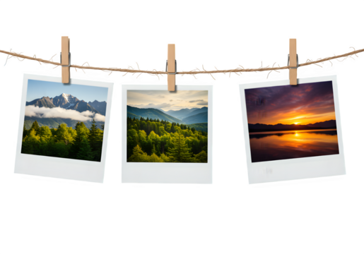 Four Polaroid-style photos clipped to a twine string with wooden clothespins, showing scenic landscapes of mountains, forests, and vibrant sunset skies, isolated on white or transparent background PNG
