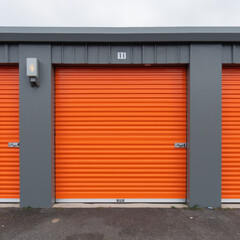 Bright orange storage unit doors create vibrant contrast against gray building, showcasing modern design and organized storage solutions