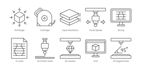 3D Printing  Outline Icons Set &ndash; Shrinkage, Cartridge, Layer Resolution, Slicing, Travel Speed, 3D Jewelry, 3D Printer Head, G-Code, 45 Degree Rule, Cad, Editable Stroke.