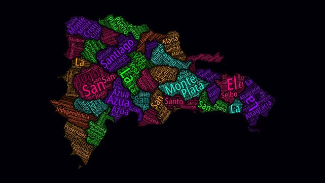 Dominican Republic Intro Video. Regions Word Clouds Animation. Dominican Republic regions names in Spanish language fading in on black background. Country building of territory names video.