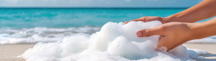 Fototapeta premium Hands gently touch sea foam on sandy beach, with ocean in background
