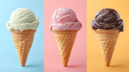 Triple ice cream delight: mint, strawberry, and chocolate waffle cones on colorful backgrounds