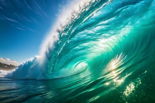 Magnificent ocean wave forming a perfect barrel shape under a clear blue sky