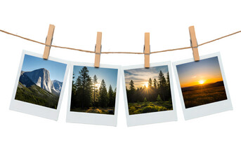 Four Polaroid-style photos clipped to a twine string with wooden clothespins, showing scenic landscapes of mountains, forests, and vibrant sunset skies, isolated on white or transparent background PNG