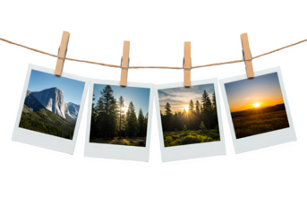 Four Polaroid-style photos clipped to a twine string with wooden clothespins, showing scenic landscapes of mountains, forests, and vibrant sunset skies, isolated on white or transparent background PNG