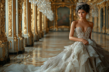 Obraz premium Haute couture model strikes regal pose beneath chandeliers in baroque splendor