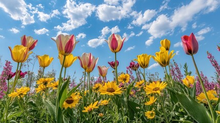 Vibrant spring flowers under a bright sky