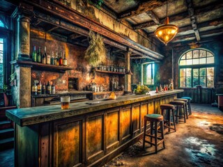 Abandoned Bar, Urban Exploration Photography, Dark Atmosphere, Grungy Interior, Rusty Bottles, Forgotten Drinks, Decaying Building, Vintage Bar, Industrial Setting, Urban Decay