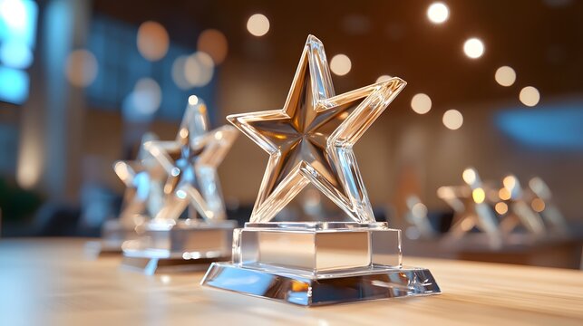Clear star-shaped awards on a light wooden surface.