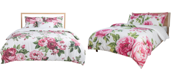   bed with a floral pattern bedding set, a pink and green flower print on a white background,