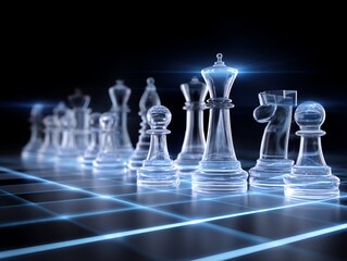 Transparent Glass Chess Pieces on Illuminated Board