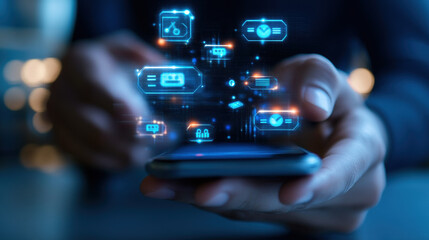Hands holding smartphone with holographic app icons, showcasing mobile data, user interface, and digital interaction for online business