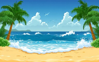 Fototapeta premium Tropical Beach Paradise Palm Trees Waves and a Blue Sky