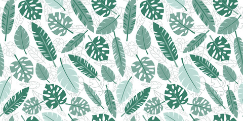 Tropical Leaves Seamless Pattern. Palm exotic leaves, repeating background. Hand drawn vector summer pattern for textile, fabric, wrapping paper, wallpaper.