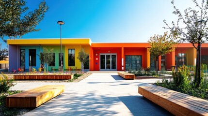 Colorful preschool building with outdoor play areas