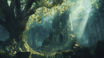 Sunlit Jungle Ruins, Mysterious Temple, Overgrown Steps, Fantasy Setting, Game Background