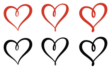 Colleciton of hand drawn calligraphy style heart of love symbol vector illustration on white background. Valentine's Day love icon set design element