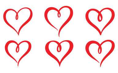Colleciton of hand drawn calligraphy style heart of love symbol vector illustration on white background. Valentine's Day love icon set design element