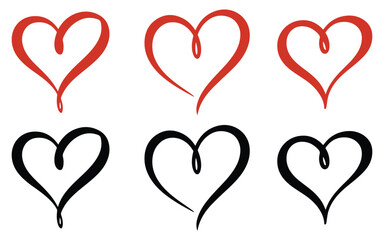 Colleciton of hand drawn calligraphy style heart of love symbol vector illustration on white background. Valentine's Day love icon set design element
