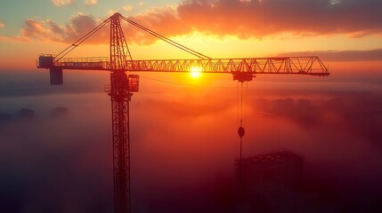 Fototapeta premium Construction crane in silhouette against early morning fog and rising sun 