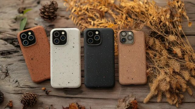 Four smartphone cases, various colors, resting on rustic wooden surface, with autumnal decorations