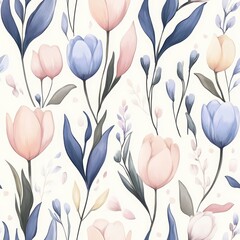 Pastel Watercolor Tulips and Floral Seamless Pattern