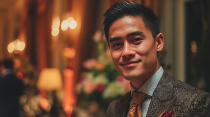 Man in suit with bright smile, blurred background