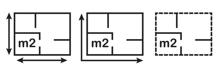 real estate floorplan icons, black line apartment layout symbols with dimension arrows vector illustration