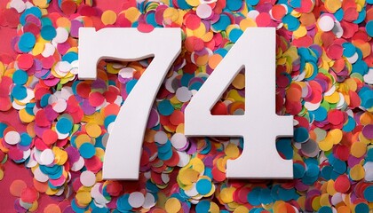 Number 74 with confetti. Photo for seventy-fourth birthday or anniversary party