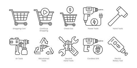 Tools and Material  Outline Icons Set – Shopping Cart, Air Tools, Check Out, Continue Shopping, Hand Tools, Power Tools, Cordless Drill, Electric Rotary Tool, Refurbished Tools, Saw, Editable Stroke.