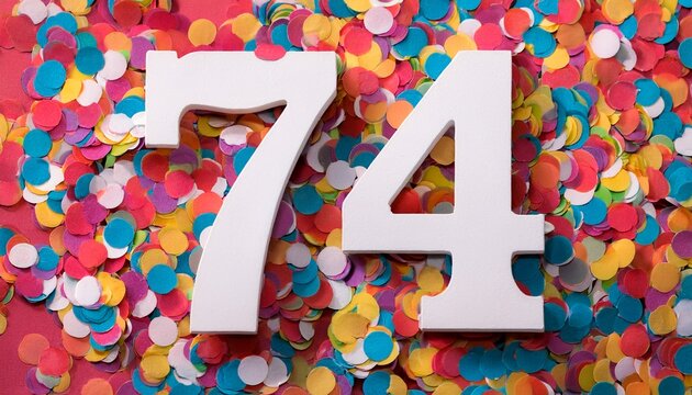 Number 74 with confetti. Photo for seventy-fourth birthday or anniversary party