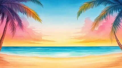 Fototapeta premium Tropical beach with palm trees and clear blue water under a pastel sunset sky