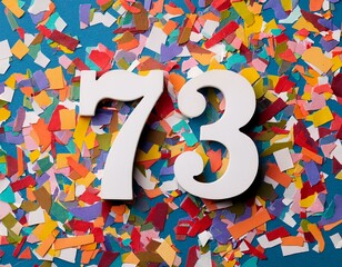 Number 73 with confetti. Photo for seventy-third birthday or anniversary party